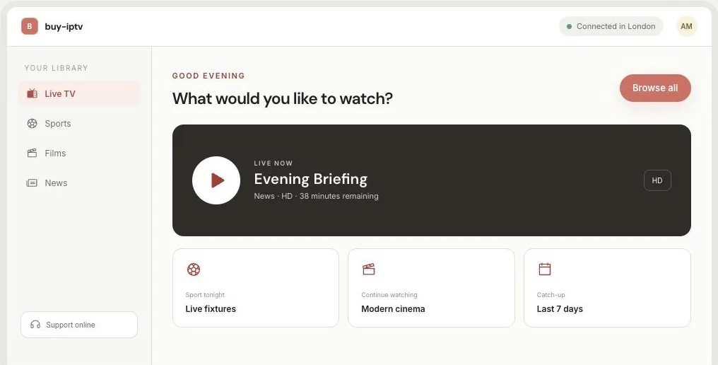 IPTV player interface displayed on a television